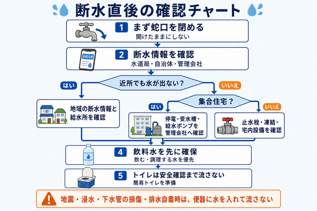 断水発生直後に、水道局や自治体の情報確認、自宅だけか地域全体かの切り分け、蛇口を閉める、飲料水を確保する、トイレの使用可否を確認する流れを示したチャート