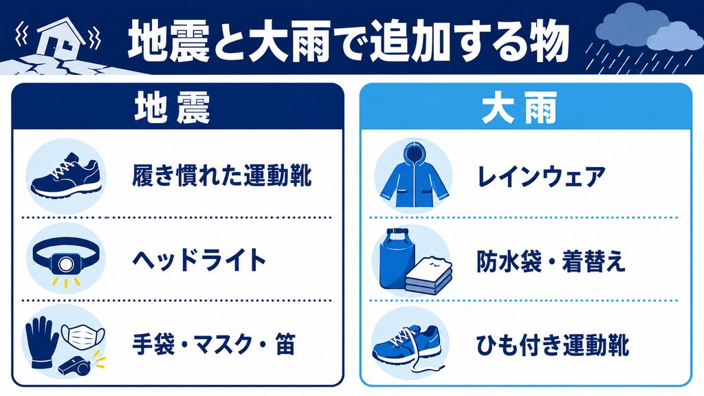 地震に備える運動靴、ヘッドライト、手袋などと、大雨に備えるレインウェア、防水袋、ひも付き運動靴を比較した図解