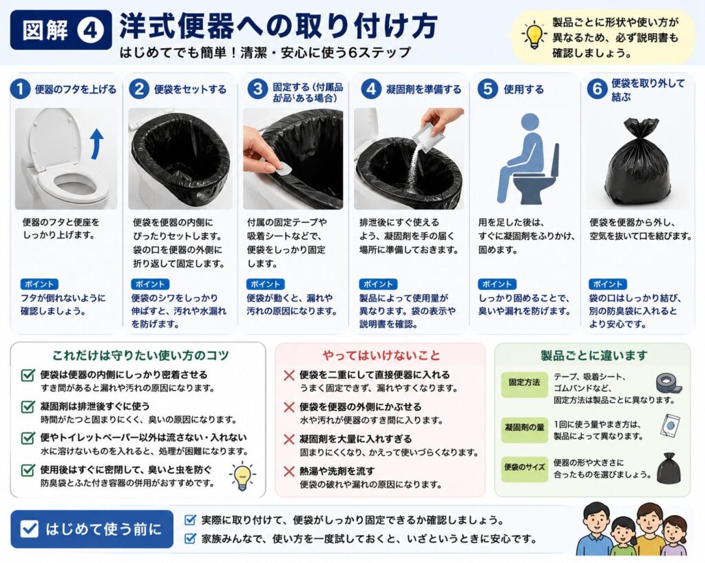 洋式便器へ簡易トイレの便袋を取り付けて使用する基本手順を、6段階で示した図解。
最初に便器のふたと便座を上げ、便器を保護する袋や使用する便袋を便器へ取り付ける。
便袋の口を便器の外側へ折り返し、付属の固定テープや吸着シートなどがある場合は、袋がずれないよう固定する。
凝固剤は排泄前に入れる商品と排泄後に使う商品があるため、製品の説明書に従って準備する。
使用後は凝固剤で排泄物を固め、便袋を破らないよう便器から外して、袋の口を確実に結ぶ。
結んだ便袋は防臭袋へ入れ、臭いや液漏れを抑えながら一時保管する。
便袋の大きさ、固定方法、凝固剤の使用量や使用するタイミングは商品によって異なるため、必ず説明書を確認するよう案内している。
平常時に実際の便器へ取り付け、家族で一度使い方を試しておくことも示している。