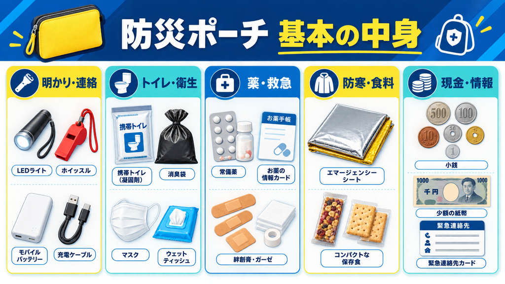防災ポーチの基本用品を、明かり・連絡、トイレ・衛生、薬・救急、防寒・食料、現金・情報の5種類に分けた図解