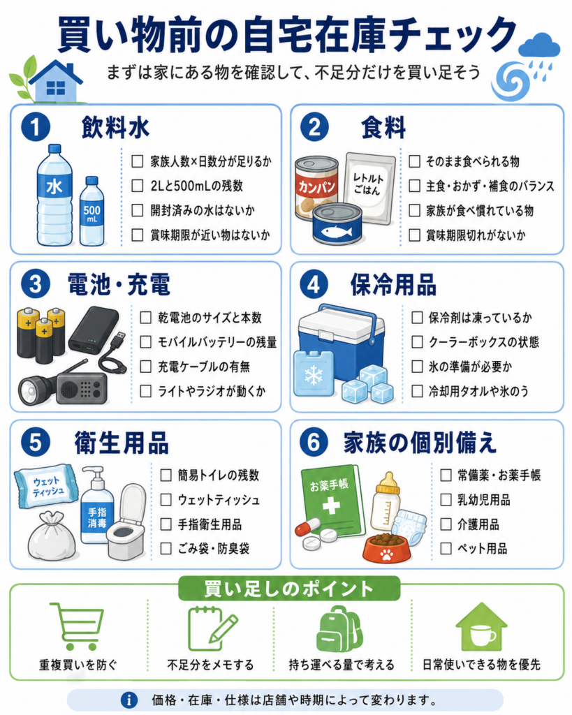 台風接近前の買い物前に、自宅にある備蓄品を確認するためのチェックリスト図解。
飲料水は家族人数と備蓄日数に対して足りているか、2リットルと500ミリリットルの残数、開封済みの水、賞味期限を確認する。
食料はそのまま食べられる物、主食・おかず・補食のバランス、家族が食べ慣れている物、賞味期限切れの有無を確認する。
電池と充電機器は、乾電池のサイズと本数、モバイルバッテリーの残量、充電ケーブルの有無、ライトやラジオの動作を確認する。
保冷用品は、保冷剤が凍っているか、クーラーボックスの状態、氷や冷却用タオルの準備を確認する。
衛生用品は、簡易トイレの残数、ウェットティッシュ、手指消毒用品、ごみ袋や防臭袋を確認する。
家族ごとの備えとして、常備薬、お薬手帳、乳幼児用品、介護用品、ペット用品も確認する。
買い足すときは、重複購入を避け、不足分をメモし、持ち運べる量を考え、日常使いできる物を優先することを案内している。
