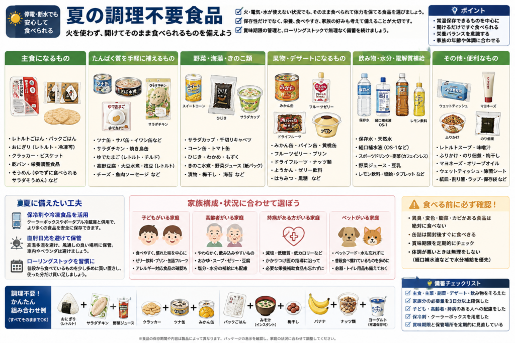 夏の停電や断水に備えて、火や電気を使わずそのまま食べられる食品を分類した図解。
主食として、レトルトご飯、おにぎり、クラッカー、ビスケット、乾パン、栄養補助食品などを紹介している。
たんぱく質を補える食品として、ツナ缶、さば缶、いわし缶、サラダチキン、ゆで卵、大豆や豆類、チーズなどを示している。
野菜や海藻類として、コーン缶、ひじき、わかめ、野菜ジュース、サラダカップ、漬物などを紹介している。
果物やデザートとして、みかん缶、黄桃缶、フルーツゼリー、ドライフルーツ、ナッツ、プリンなどを示している。
飲料として、保存水、経口補水液、スポーツドリンク、野菜ジュース、豆乳などを挙げている。
家族構成に合わせ、子ども、高齢者、持病がある人、ペットに必要な食品を個別に備えることも案内している。
夏は直射日光や高温を避け、保冷剤やクーラーボックスを活用しながら、賞味期限を確認してローリングストックを続ける必要がある。
異臭、変色、膨張、カビなどがある食品は食べず、体調が悪いときは無理をしないことも示している。
