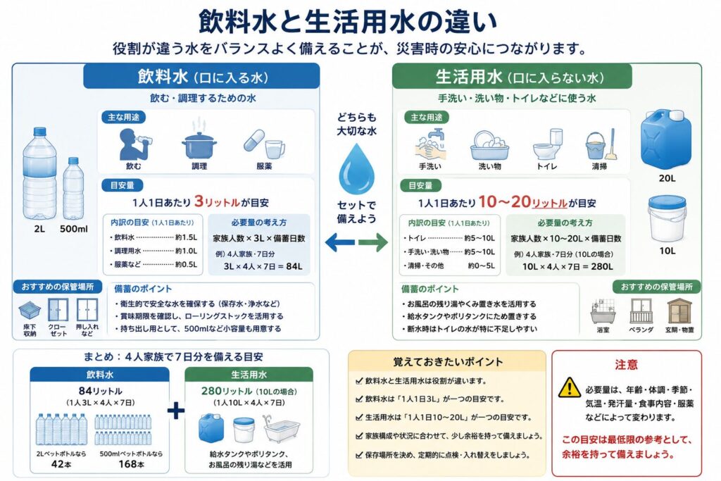 災害時に備える飲料水と生活用水の役割や用途の違いを比較した図解。
飲料水は口に入る水として、飲用、調理、服薬などに使用し、1人1日3リットルを一つの目安として備えることを示している。
4人家族では、飲料水の3日分が36リットル、7日分が84リットルとなる。
生活用水は、手洗い、体の清拭、食器や調理器具の清掃、洗濯、掃除などに使用する水として説明している。
生活用水の必要量は住宅環境、家族構成、災害状況、簡易トイレや使い捨て食器の使用状況などによって大きく変わるため、一律の量として断定できないことを示している。
浴槽の残り湯や給水タンクの水は生活用水として役立つ場合があるが、飲料水として使用しないよう注意を促している。
また、水が残っていても排水管や下水設備が安全とは限らないため、自治体、管理会社、上下水道事業者の安全確認前にトイレへ大量の水を流さないことを案内している。
飲料水と生活用水を分けて考え、用途、保管場所、必要量を家庭ごとに確認して備える重要性をまとめている。
