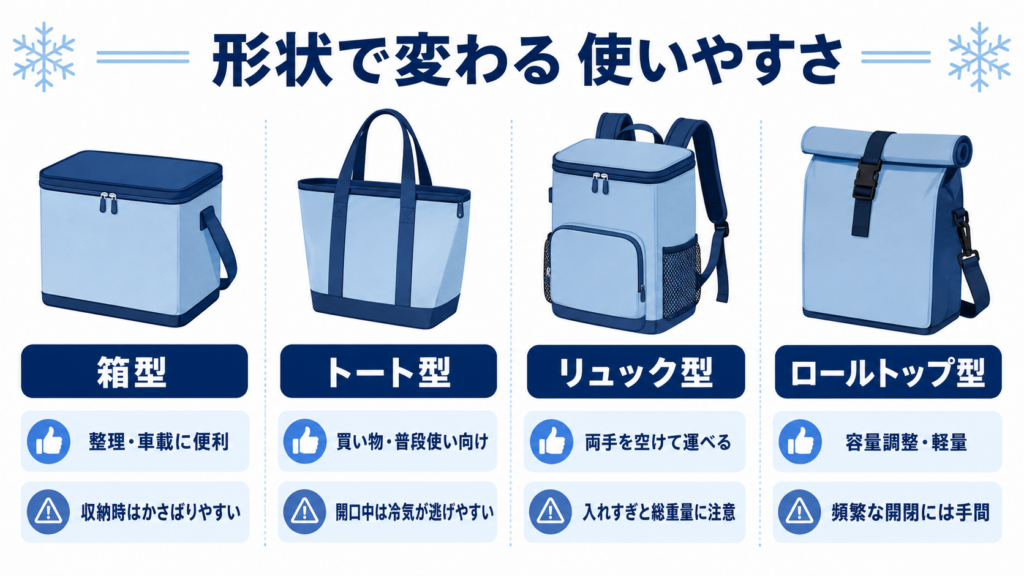 ソフトクーラーの箱型、トート型、リュック型、ロールトップ型について、運びやすさ、適した用途、開閉や収納時の注意点を比較した図解