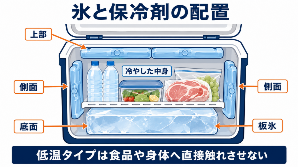 クーラーボックスの底面へ板氷を置き、冷やした飲み物や食品の上部と両側面へ保冷剤を配置する方法を示した図解