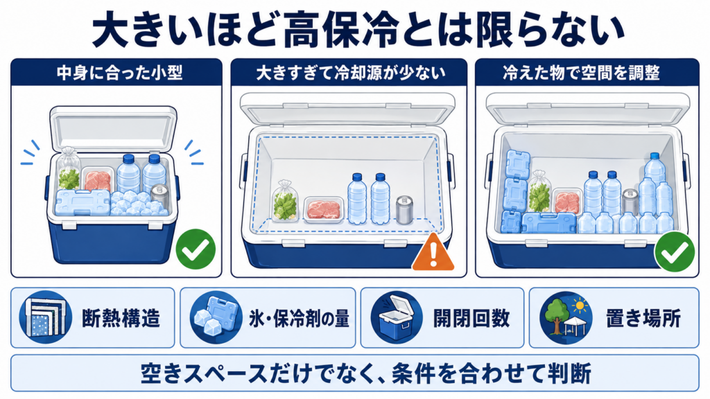 中身に合った小型クーラー、大きすぎて冷却源が少ない大型クーラー、凍結ペットボトルや保冷剤で空間を調整した大型クーラーを比較した図解