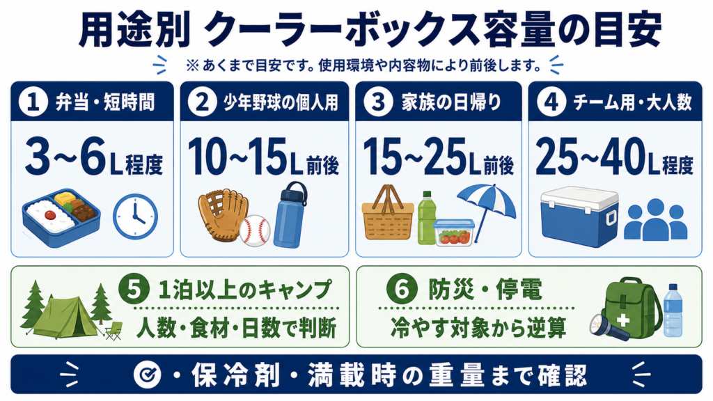 弁当や短時間の外出は3~6L程度、少年野球の個人用は10~15L前後、家族の日帰りは15~25L前後、チーム用や大人数は25~40L程度とする容量目安の図解