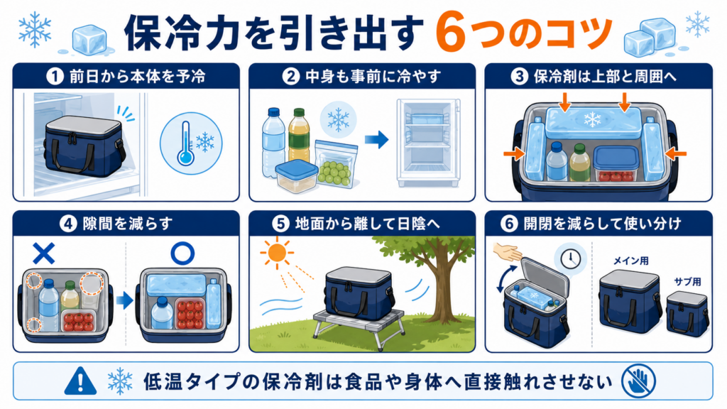 ソフトクーラーを前日から予冷し、中身も冷やす、保冷剤を上部と周囲へ配置する、隙間を減らす、地面から離して日陰へ置く、開閉を減らして使い分ける方法をまとめた図解