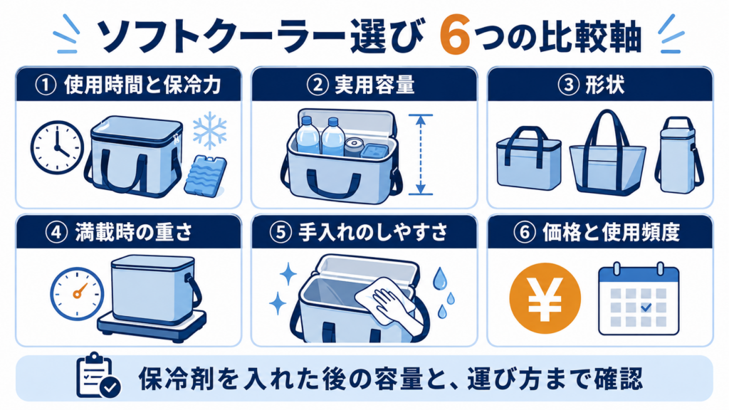 ソフトクーラーを選ぶ際に確認したい、使用時間と保冷力、実用容量、形状、満載時の重さ、手入れのしやすさ、価格と使用頻度の6項目をまとめた図解