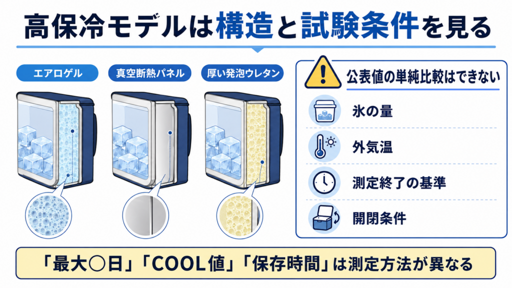 エアロゲル、真空断熱パネル、厚い発泡ウレタンの構造と、氷の量、外気温、測定終了基準、開閉条件が異なるためメーカー公表値を単純比較できないことを示した図解
