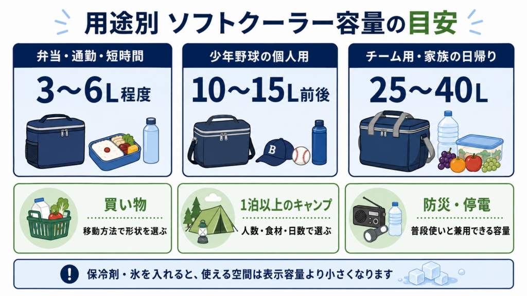 弁当や短時間の外出は3~6L程度、少年野球の個人用は10~15L前後、チーム用や家族の日帰りは25~40Lを目安とし、買い物、キャンプ、防災での選び方も示した図解