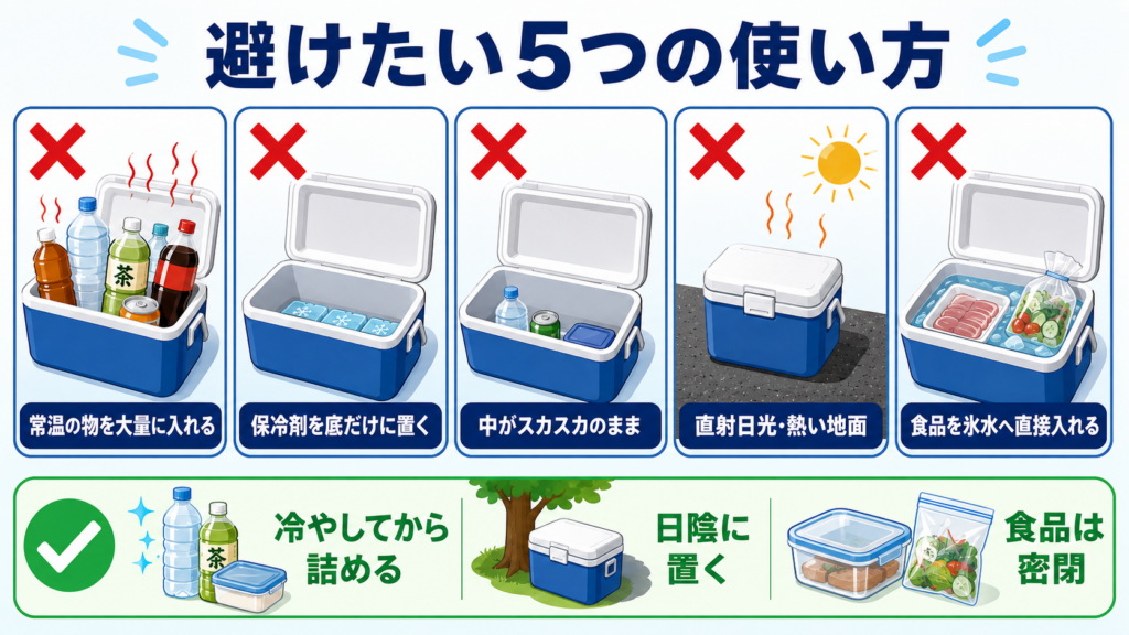 常温の物を大量に入れる、保冷剤を底だけに置く、空間を残す、直射日光へ置く、食品を氷水へ直接入れる使い方を示した図解