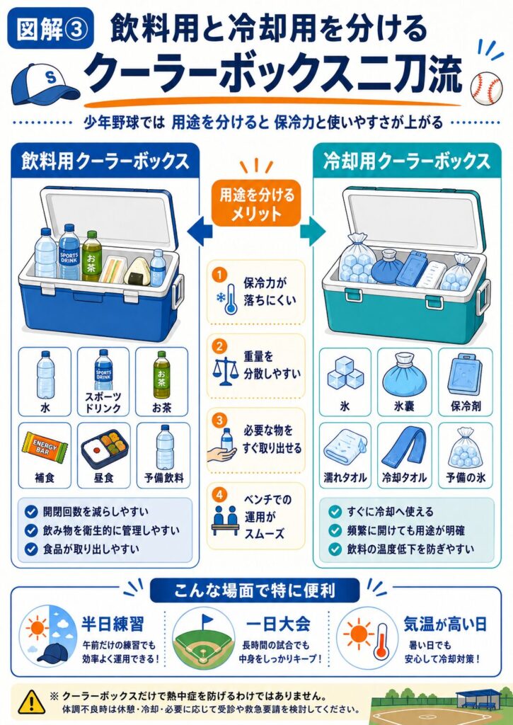 少年野球で使用するクーラーボックスを、飲料用と冷却用の2台に分けて運用する方法をまとめた図解。
飲料用クーラーボックスには、水、スポーツドリンク、お茶、予備飲料、昼食、補食などを入れる。
冷却用クーラーボックスには、氷、氷嚢、保冷剤、濡れタオル、冷却タオル、予備の氷などを入れる。
用途を分けることで、飲料用クーラーボックスの開閉回数を減らし、保冷力の低下を抑えやすくなることを示している。
飲料や食品と、汗や土が付着する可能性がある氷嚢や濡れタオルを分けることで、衛生的に管理しやすくなる。
必要な飲料や冷却用品をすぐに取り出せることや、大型1台へまとめるより重量を分散しやすいことも紹介している。
半日の練習、一日大会、気温が高い日など、飲料と冷却用品の使用回数が多い場面に向く方法である。
クーラーボックスだけで熱中症を防げるわけではなく、体調不良時は休憩と冷却を行い、症状に応じて受診や救急要請を検討する必要があることも示している。