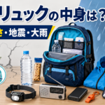20L・30Lの容量表示と、水・非常食・ライト・ラジオ・雨具・救急用品などを並べた防災リュックの中身