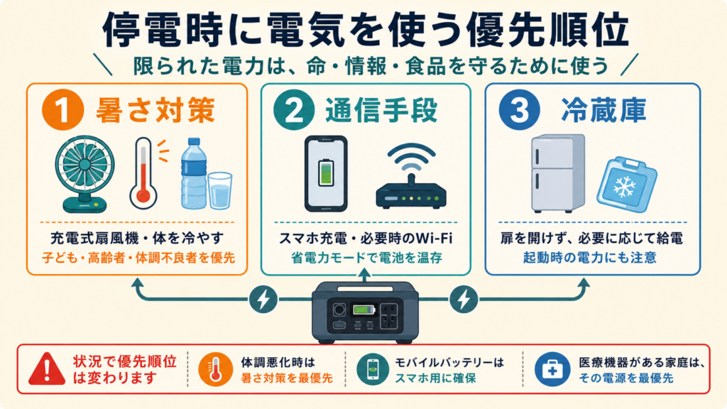 停電時に限られた電気を暑さ対策・通信手段・冷蔵庫へ優先して使い、体調悪化時や医療機器がある場合は優先順位を変更する考え方をまとめた図解