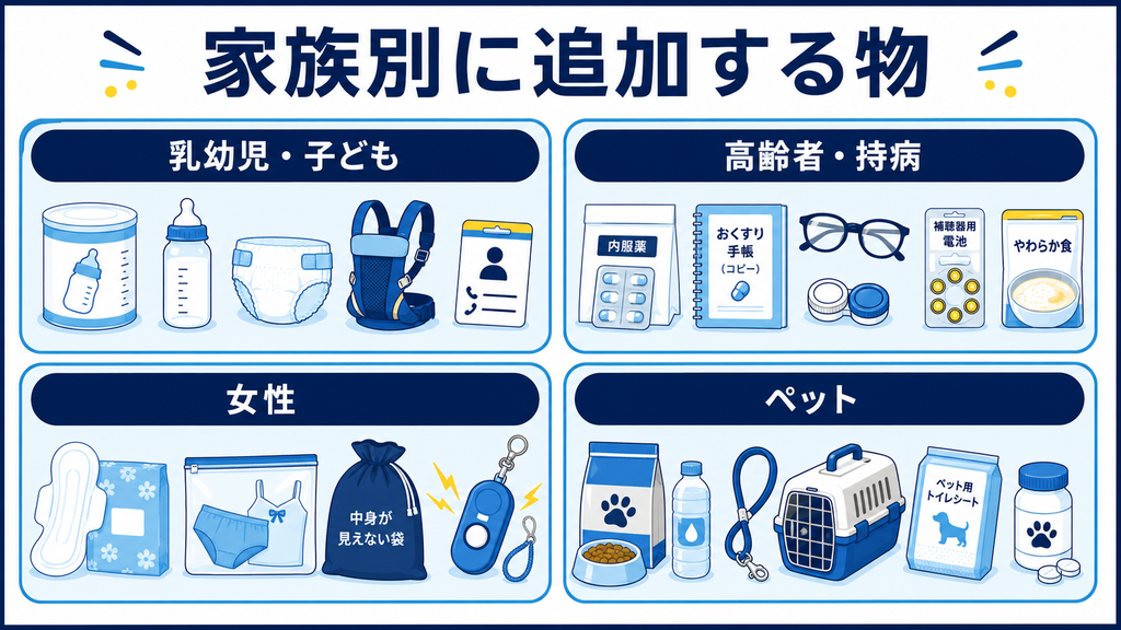 乳幼児や子ども、高齢者や持病のある方、女性、ペットがいる家庭で防災リュックへ追加したい用品をまとめた図解