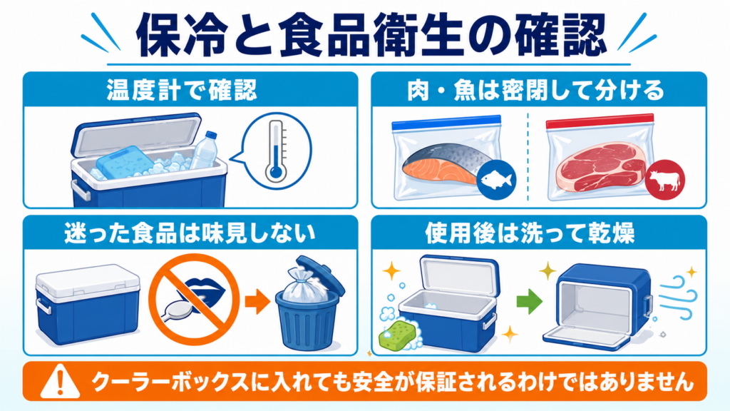 クーラーボックス用温度計での確認、肉や魚の密閉、迷った食品を味見しない判断、使用後の洗浄と乾燥を示した図解