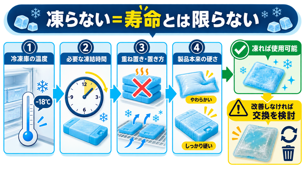 保冷剤が凍らないときに、冷凍庫の温度、凍結時間、置き方、製品本来の硬さを順番に確認する流れを示した図解