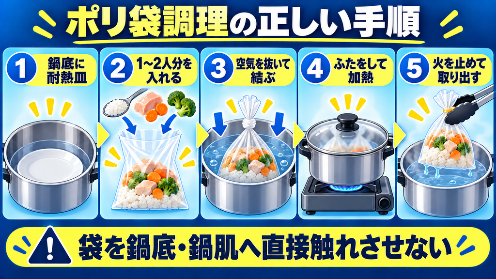 鍋底へ耐熱皿を敷き、食材を入れて空気を抜き、ふたをして加熱してから取り出すポリ袋調理の5手順
