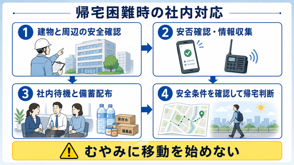 災害発生後に建物と周辺の安全確認、安否確認と情報収集、社内待機と備蓄配布、安全条件を確認した帰宅判断の順に進む流れを示した図解