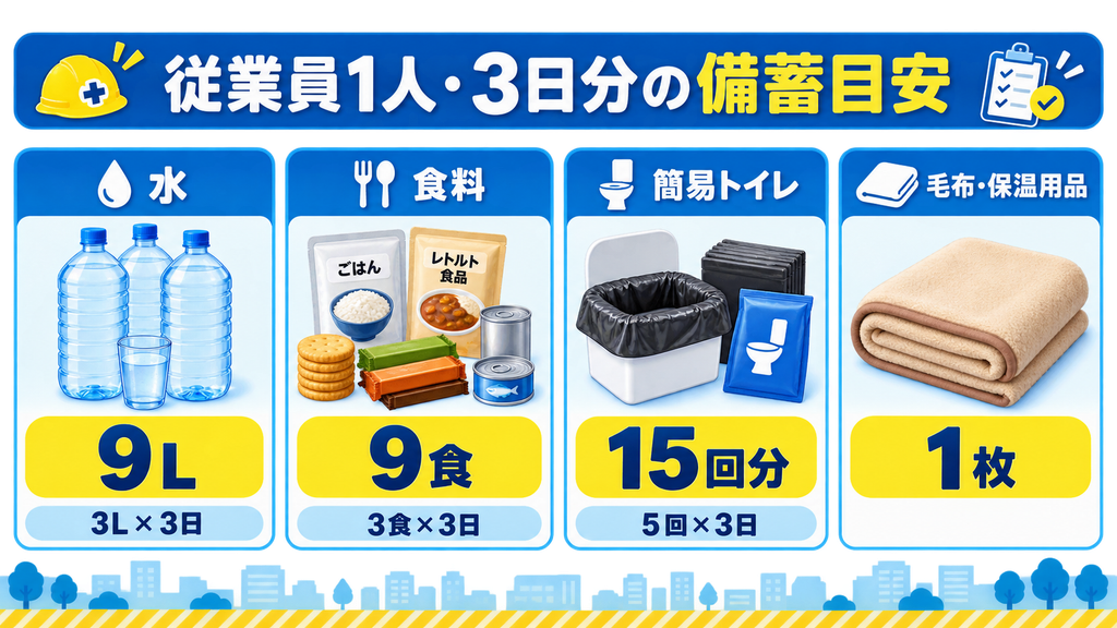 会社の防災備蓄として従業員1人につき3日分の水9L、食料9食、簡易トイレ15回分、毛布・保温用品1枚を示した図解