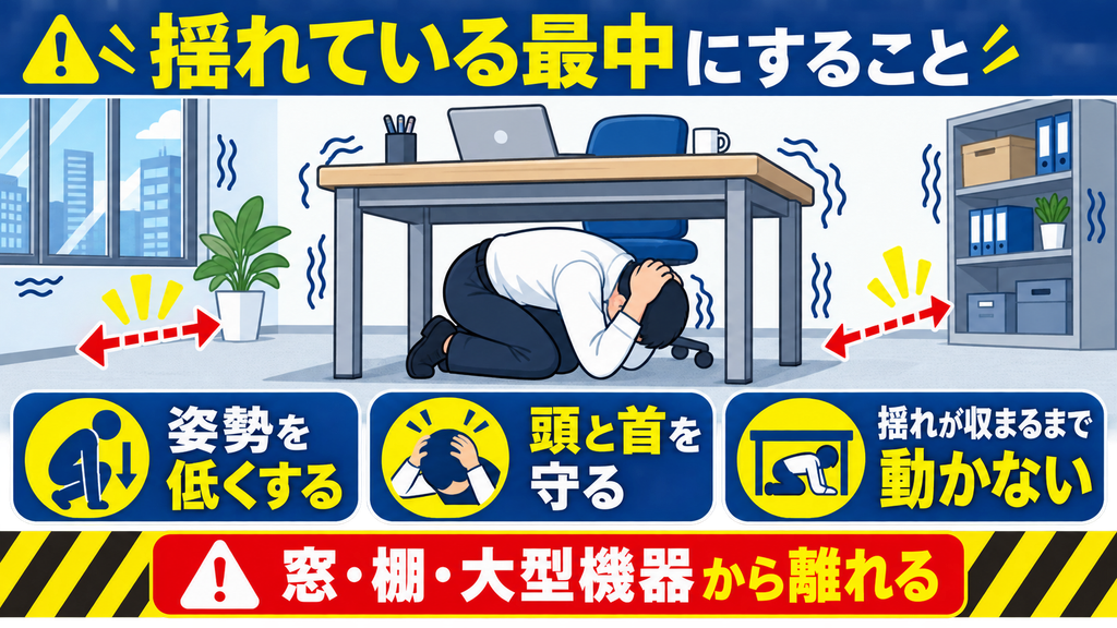 職場で地震が起きた際に、姿勢を低くして机の下で頭と首を守り、窓や棚から離れて揺れが収まるまで動かない行動