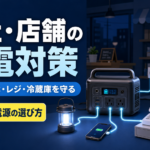 停電した会社・店舗で、ポータブル電源から照明・スマートフォン・レジ・冷蔵庫へ給電しているイメージ