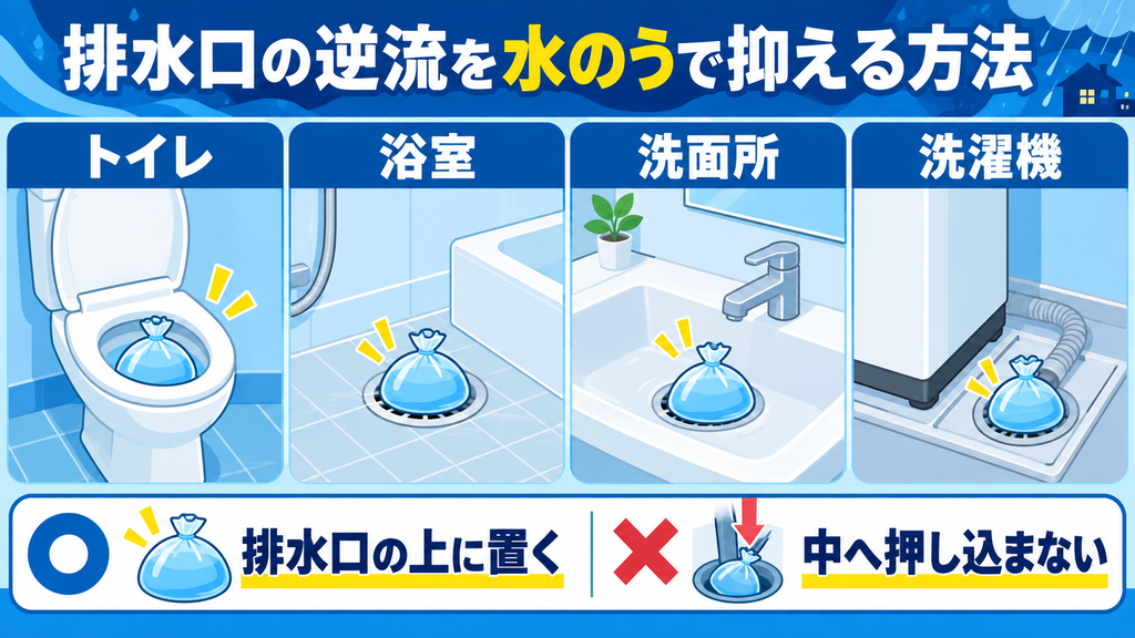 トイレ、浴室、洗面所、洗濯機の排水口の上へ小さな水のうを置き、大雨時の逆流を抑える方法を示した図解