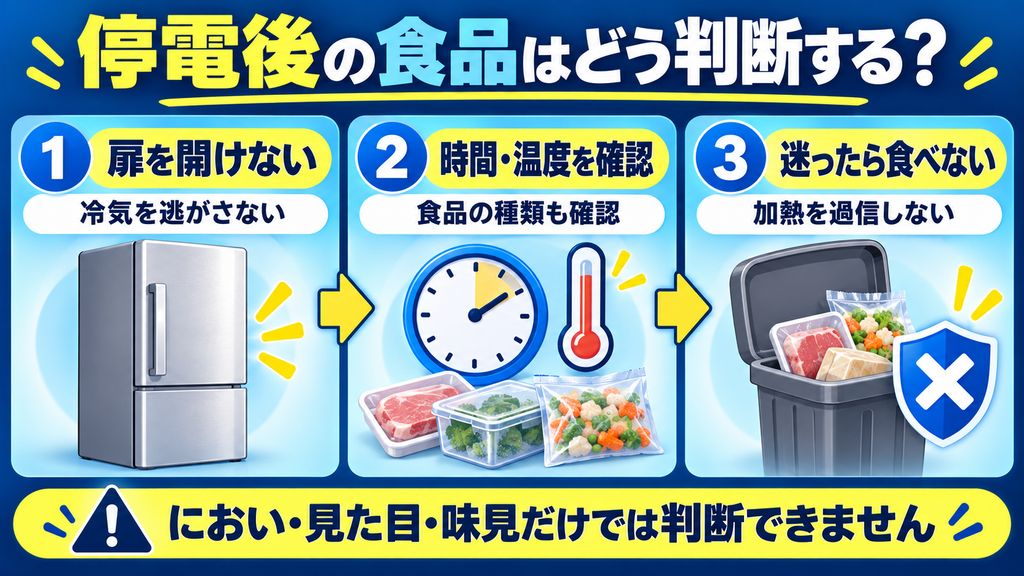停電後の食品を、冷蔵庫を開けない、時間・温度を確認する、迷ったら食べないの3段階で判断する流れ