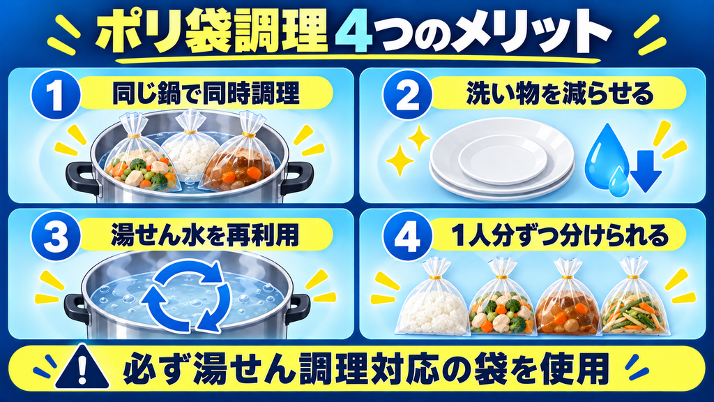 同じ鍋での同時調理、洗い物の削減、湯せん水の再利用、1人分ずつの小分けというポリ袋調理のメリット