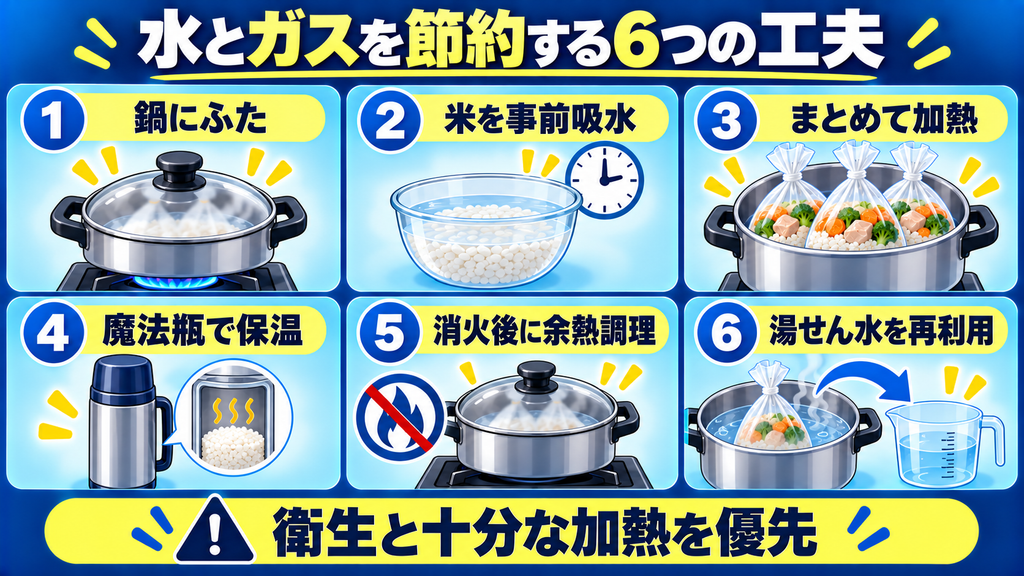鍋のふた、米の事前吸水、まとめ加熱、魔法瓶、余熱調理、湯せん水の再利用で水とガスを節約する方法