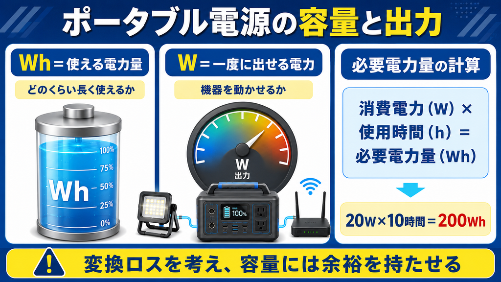 ポータブル電源のWhとWの違い、消費電力と使用時間から必要電力量を計算する方法を示した図解