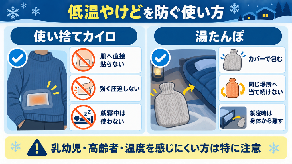 使い捨てカイロを肌へ直接貼らないことや、湯たんぽをカバーで包んで身体から離すなど、低温やけどを防ぐ使い方を示した図解