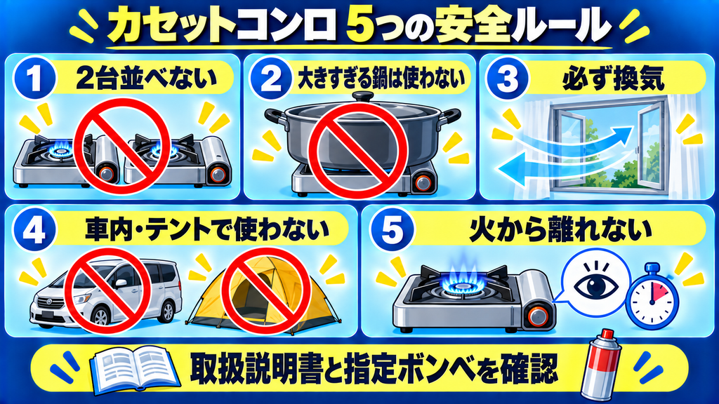 カセットコンロを2台並べない、大きすぎる鍋を使わない、換気する、車内やテントで使わない、火から離れない安全ルール