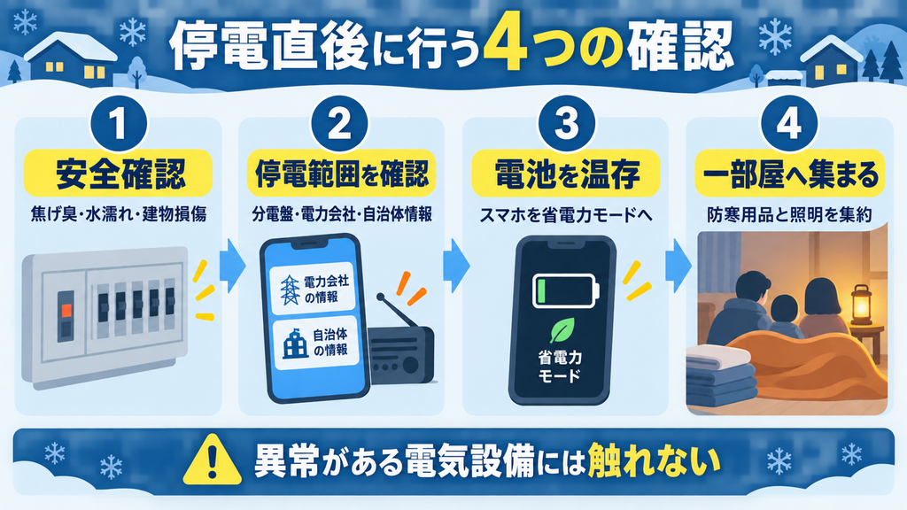 冬の停電直後に行う安全確認、停電範囲の確認、スマートフォンの電池温存、一部屋へ集まる流れを示した図解