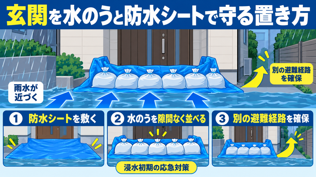 玄関の外側へ防水シートを敷き、水のうを隙間なく並べ、別の避難経路を確保する設置方法を示した図解
