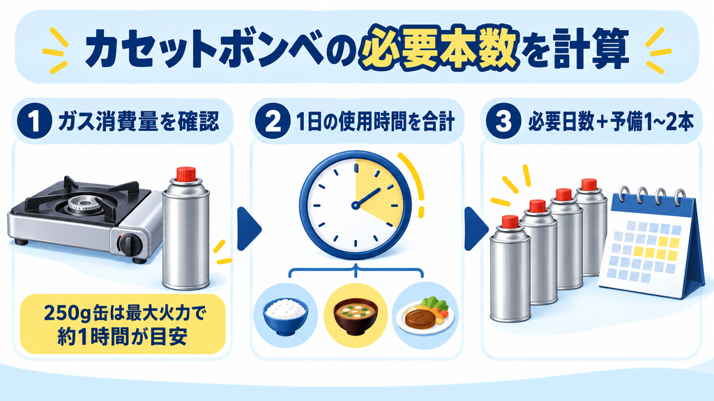 カセットコンロのガス消費量、1日の使用時間、備蓄日数からカセットボンベの必要本数を計算する3つの手順