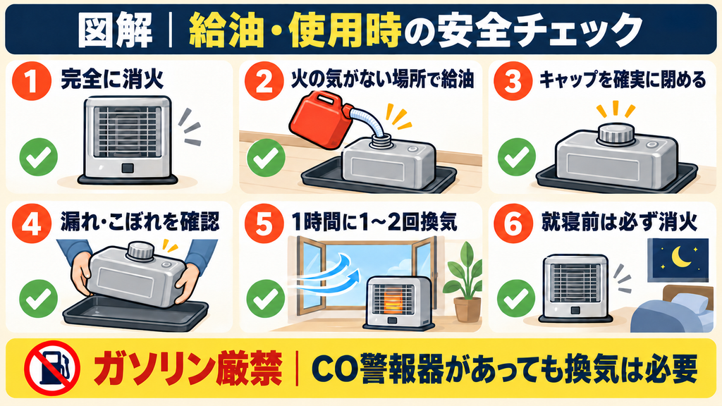 石油ストーブの消火、給油、キャップ確認、灯油漏れの確認、定期換気、就寝前の消火を示した安全手順