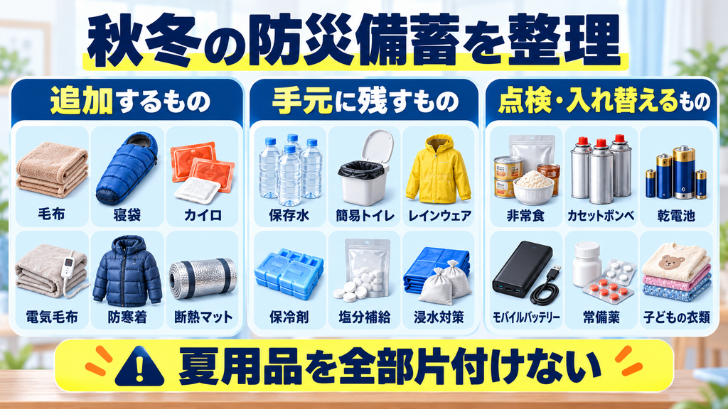 毛布、カイロ、カセットボンベ、ポータブル電源、保存水、簡易トイレなどを確認する秋の防災備蓄入れ替えチェックリスト
