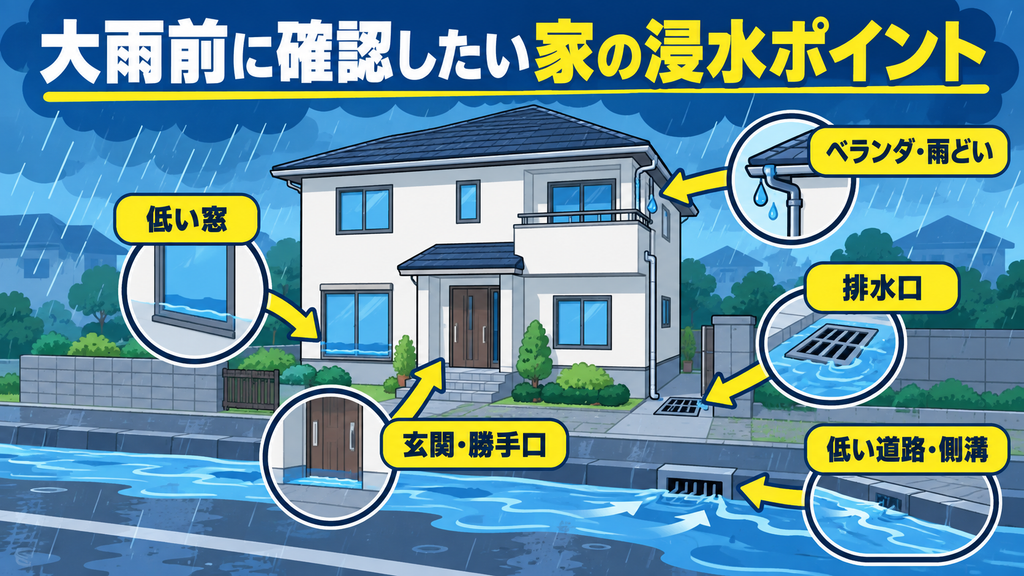 大雨前に確認したい浸水ポイントとして、玄関・勝手口、低い窓、排水口、ベランダ・雨どい、低い道路・側溝を示した図解