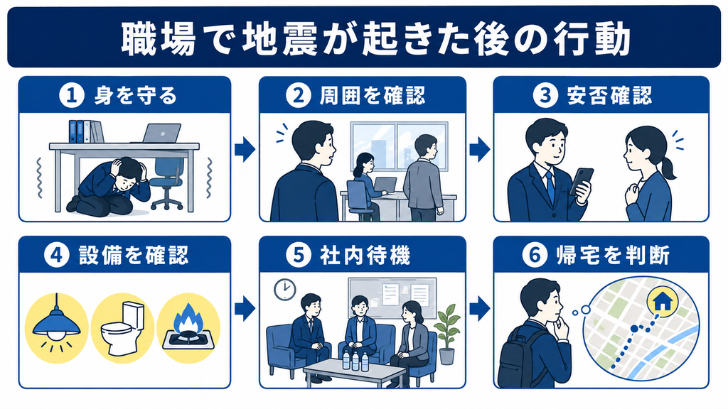 職場で地震が起きてから、身の安全確保、周囲と従業員の確認、設備確認、社内待機、帰宅判断へ進む6段階の流れ