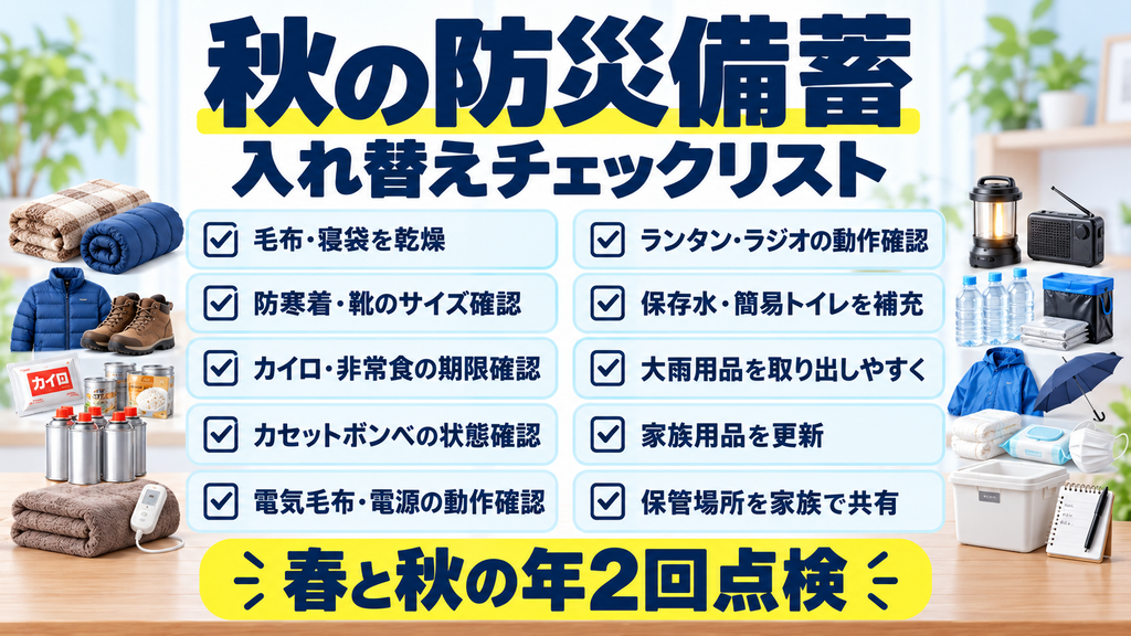 秋冬の防災備蓄で新しく追加するもの、引き続き残すもの、期限や状態を確認して入れ替えるものの比較