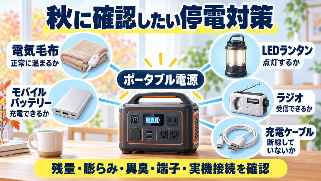 秋に行う電気毛布、ポータブル電源、LEDランタン、モバイルバッテリー、ラジオの動作確認項目