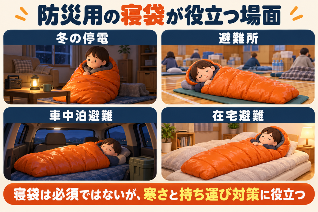 冬の停電、避難所、車中泊避難、在宅避難で防災用寝袋を使用する場面をまとめた図解