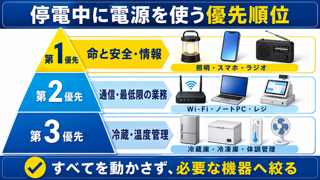 停電中の電源について、照明・スマホ・ラジオ、通信・パソコン・レジ、冷蔵庫・冷凍庫・体調管理の順に優先度を示した図解