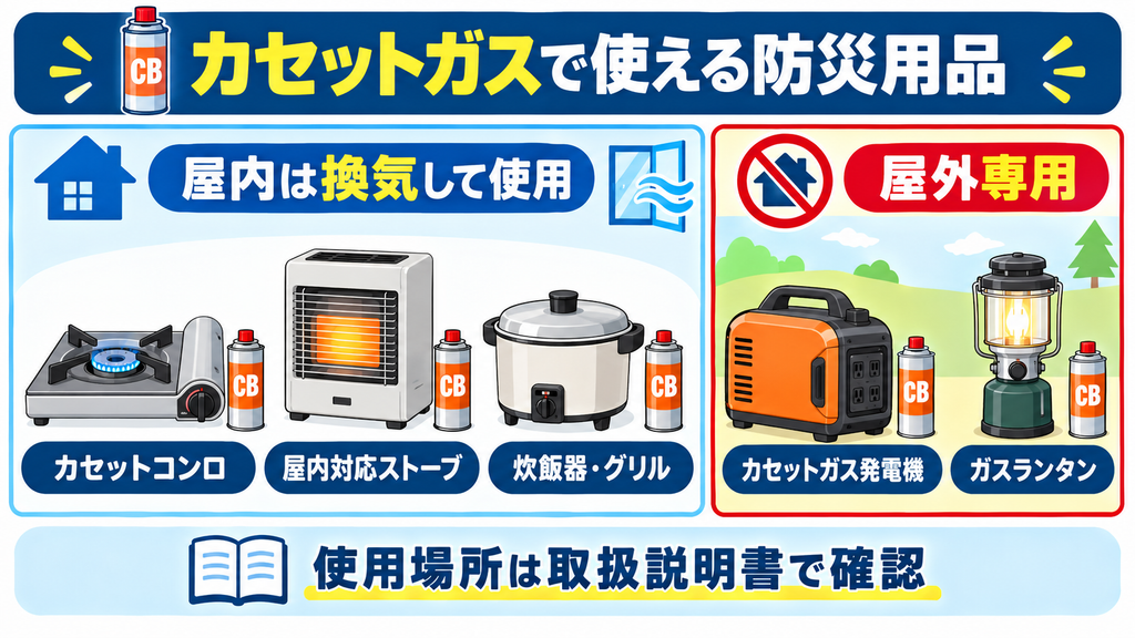 カセットコンロ、屋内対応ストーブ、炊飯器、グリル、発電機、ガスランタンの使用場所と注意点を示した図解
