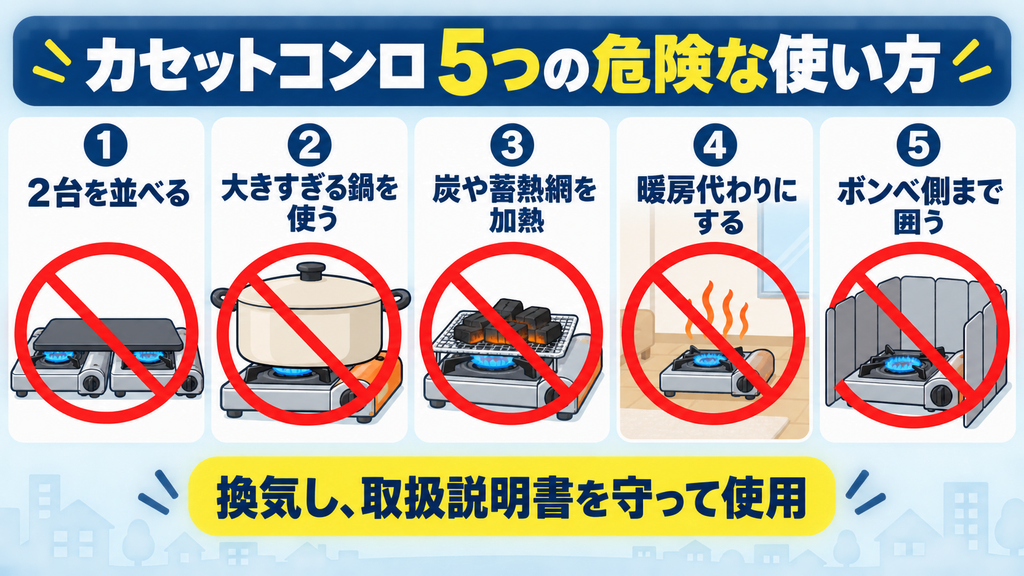 カセットコンロを2台並べる、大きすぎる鍋を使う、炭を加熱する、暖房代わりにする、ボンベ側まで囲う危険な使い方