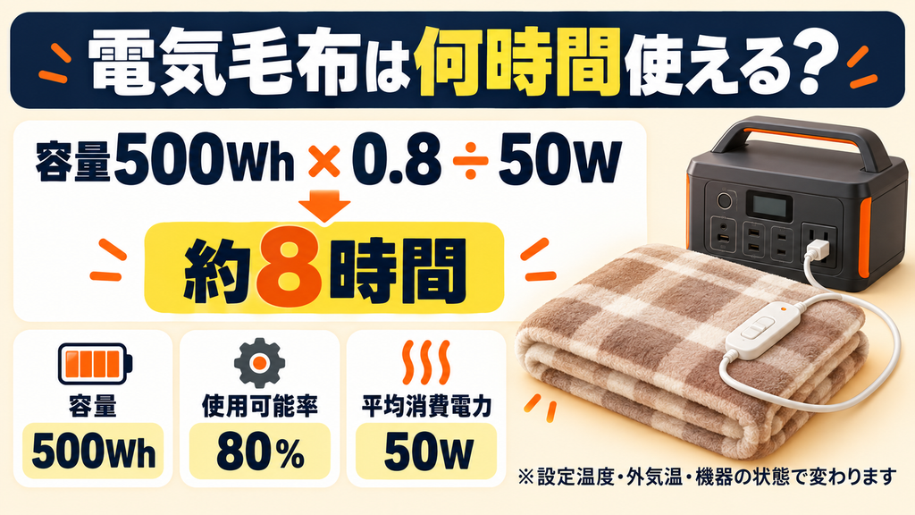 500Whのポータブル電源で消費電力50Wの電気毛布を約8時間使用できる計算例