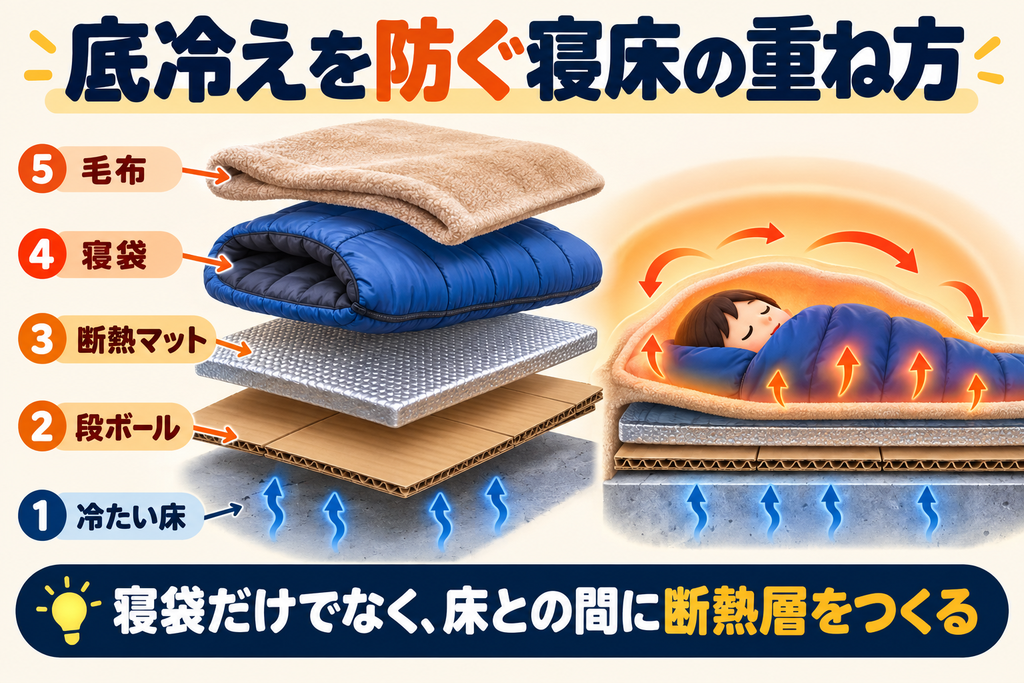 冷たい床の上に段ボール、断熱マット、寝袋、毛布を順番に重ねて底冷えを抑える方法を示した図解