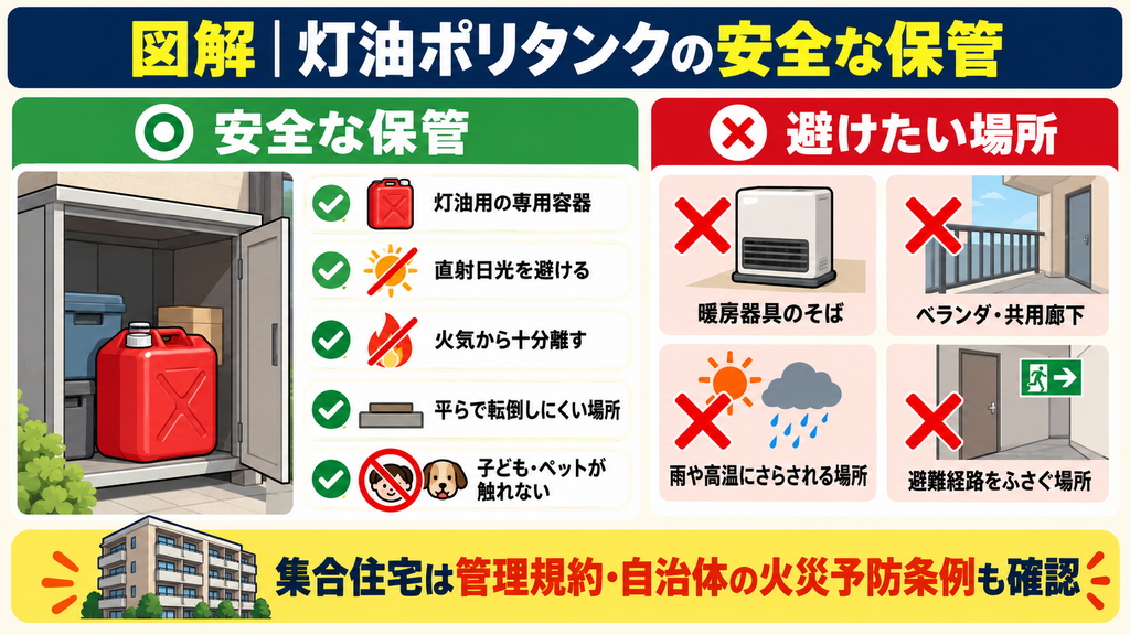 灯油ポリタンクを安全に保管する条件と暖房器具のそばやベランダなど避けたい場所